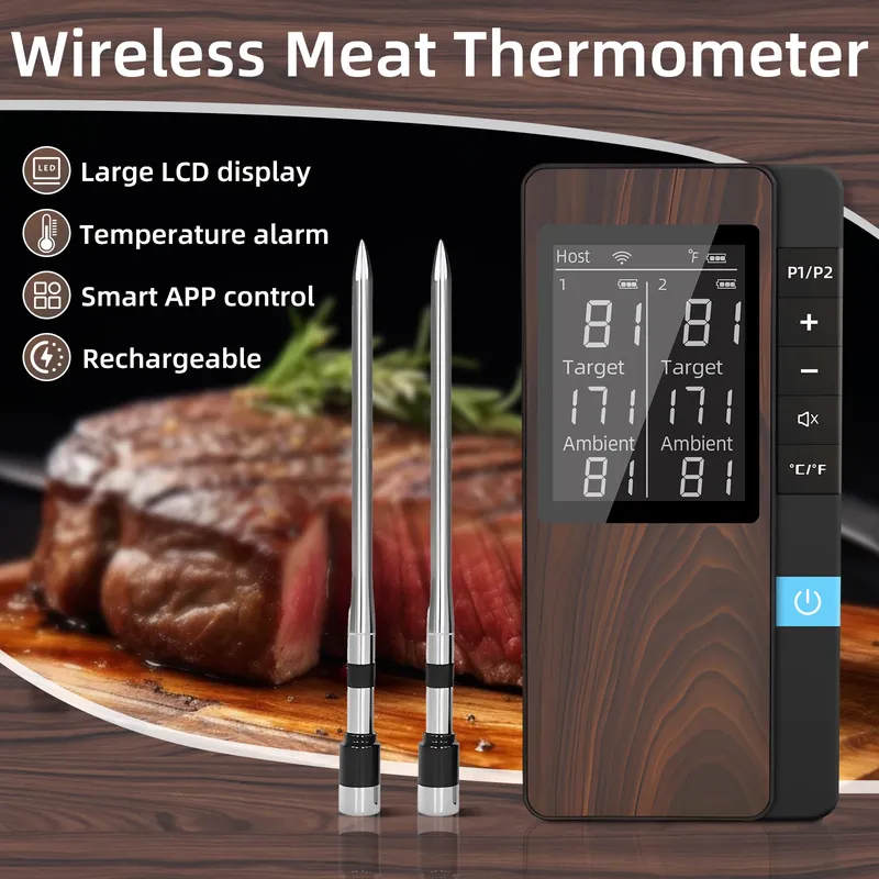 Kabelloses Fleischthermometer, digitales Bluetooth-Sondenthermometer, wiederaufladbar, mit LCD-Bildschirm und mobiler App für BBQ-Ofen-Rotisserie