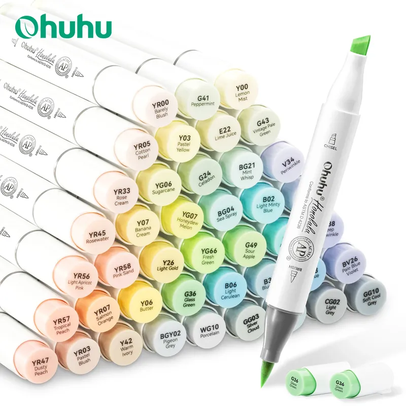 Ohuhu Honolulu Neues Marker-Set in 48 Pastellfarben, Alkohol-Kunstmarker, blühende Doppelspitzen, Skizzieren, Zeichnen, Schule, Kunstbedarf