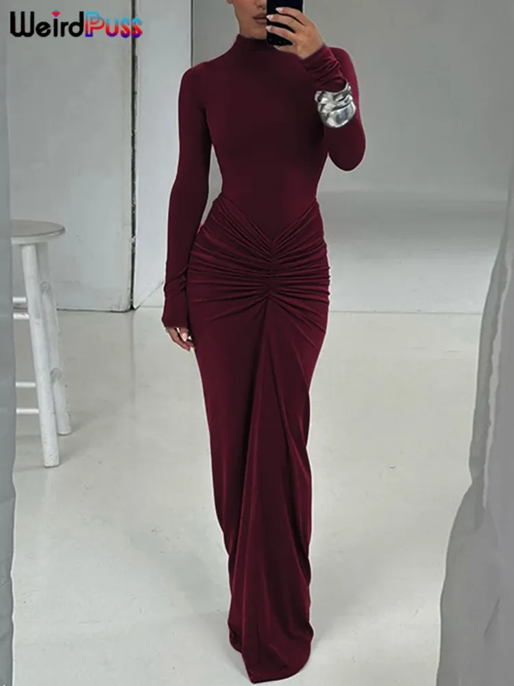Seltsame Puss Hipster Geraffte Kleid Frauen oansatzVolle Hülse Dünne Stretch Robe Herbst Trend Einfache Klassische Falten Lange Bodycon