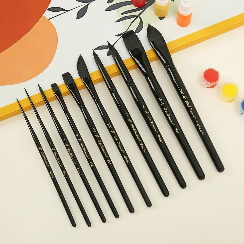 10-teiliges Set mit Holzgriff, Nylonborsten, Katzenzunge, flache Spitze, runder Spitze, Aquarell- und Öl- und Acrylmalpinsel