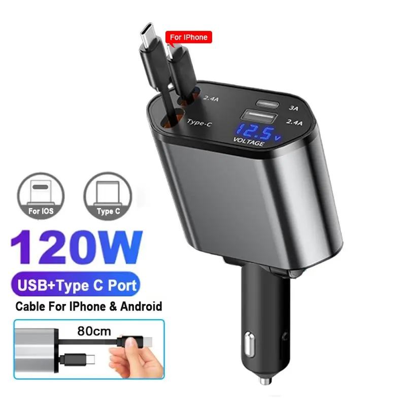 Autotelefon-Ladegerät-Adapter, 120 W, USB-Typ-C-Schnellladekabel mit einziehbaren Kabeln, Volt-Display, passend für iPhone, iPad, Samsung