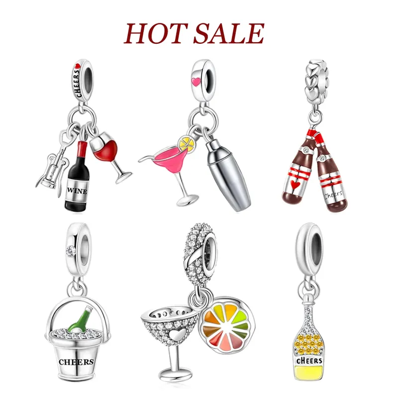 Flaschenöffner, Rotwein & Glas Cheers Trio Dangle Charm Fit Pan Charms Original Armband DIY Frauen Schmuck Geschenk für Feier