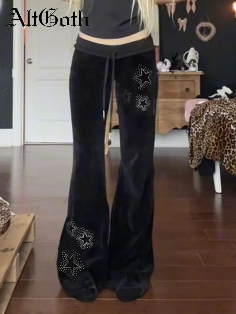 AltGoth Y2k Streetwear Gothic Samt Hosen Frauen Dark Cyber Punk Harajuku Grunge Pentagramm Gedruckt Niedrige Taille Stright Hosen Femme
