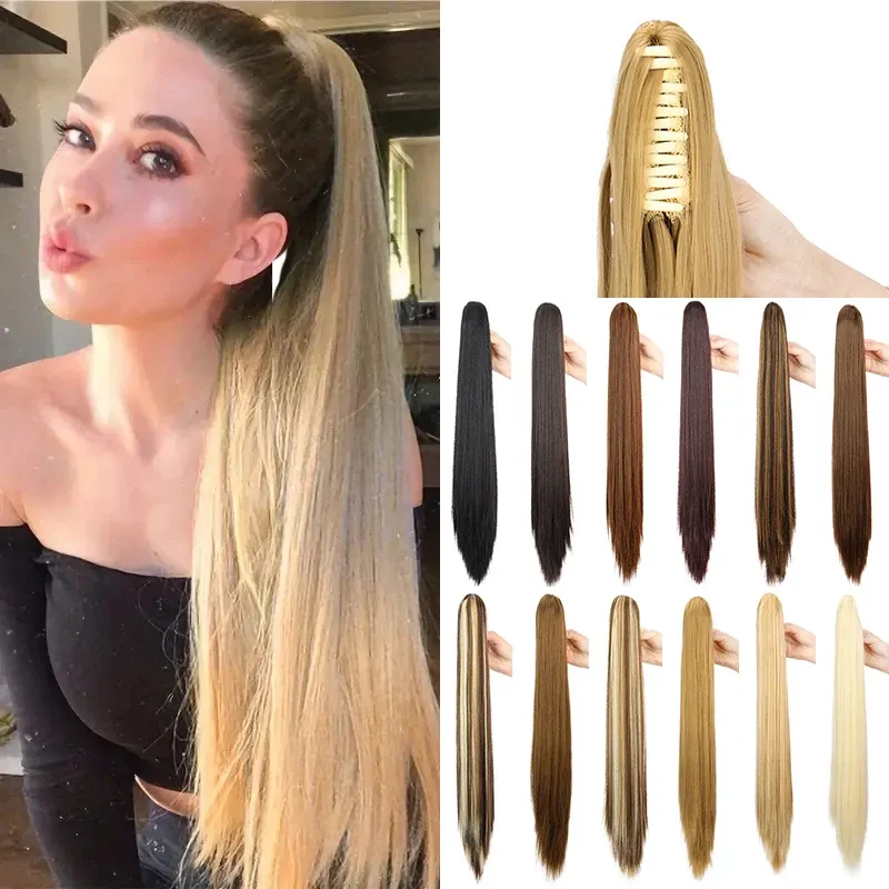 24 Zoll synthetische lange gerade Klaue Clip auf Pferdeschwanz-Haarverlängerungen hitzebeständiger Pferdeschwanz blond schwarz Haarteil für Frauen