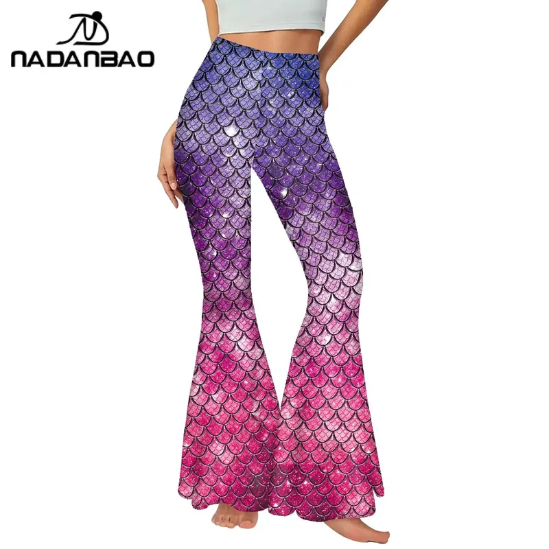 Nadanbao Rosa Meerjungfrau Flare Hosen für Frauen Fischschuppen 3D Digitaldruck Hosen Mode Casual Streetwear Frühling Herbst Unten
