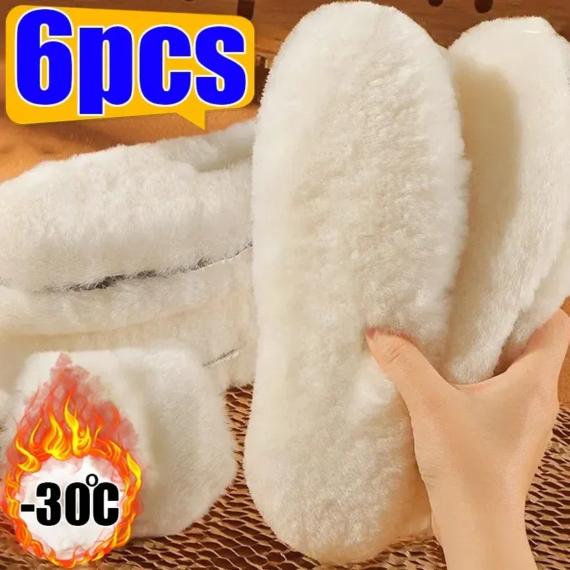 6/2Pcs Natürliche Schaffell Wolle Einlegesohlen für Schuhe Männer Winter Füße Warm Verdicken Flauschigen Fleece Einlegesohlen Frauen schnee Stiefel Schuh Pad