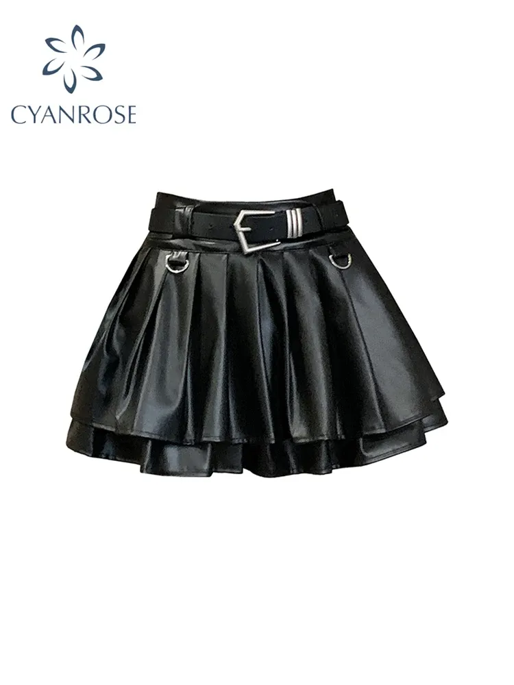 Frauen schwarz A-Linie Lederrock Vintage ästhetische Y2k Faltenrock Harajuku koreanische Gothic Minirock Emo 2000er Jahre Kleidung Sommer