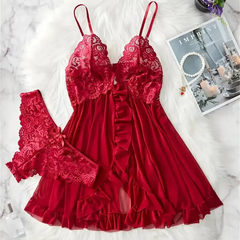 Rot Sexy Dessous Erotische Unterwäsche Sets Transparent Porno Spitze Bh Und Panty Set Dessous frauen Heiße Nachtwäsche Babydoll Kleid