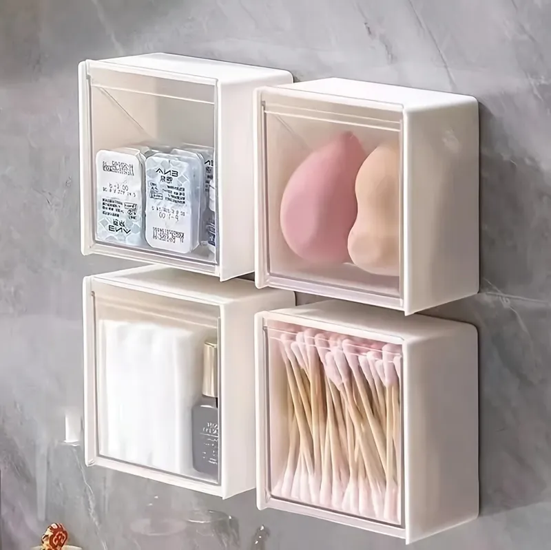 An der Wand montierter Make-up-Organizer aus Kunststoff, kompaktes Design mit Klappdeckel für Wattepads, Stäbchen, Haargummis, Lippenstift-Aufbewahrung, wasserdicht