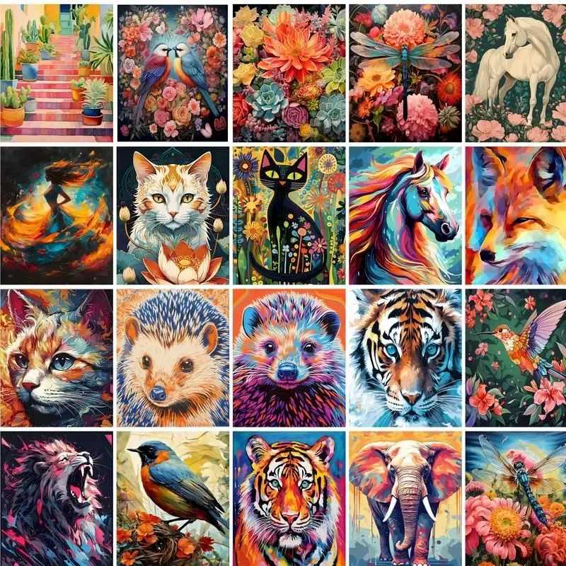 GATYZTORY Malen nach Zahlen, bunte Tiere, Öl-Set für Erwachsene, DIY-Acrylfarbe, Leinwand, Kunstwerk, Leinwand, Kunst, Geschenk, Heimdekoration