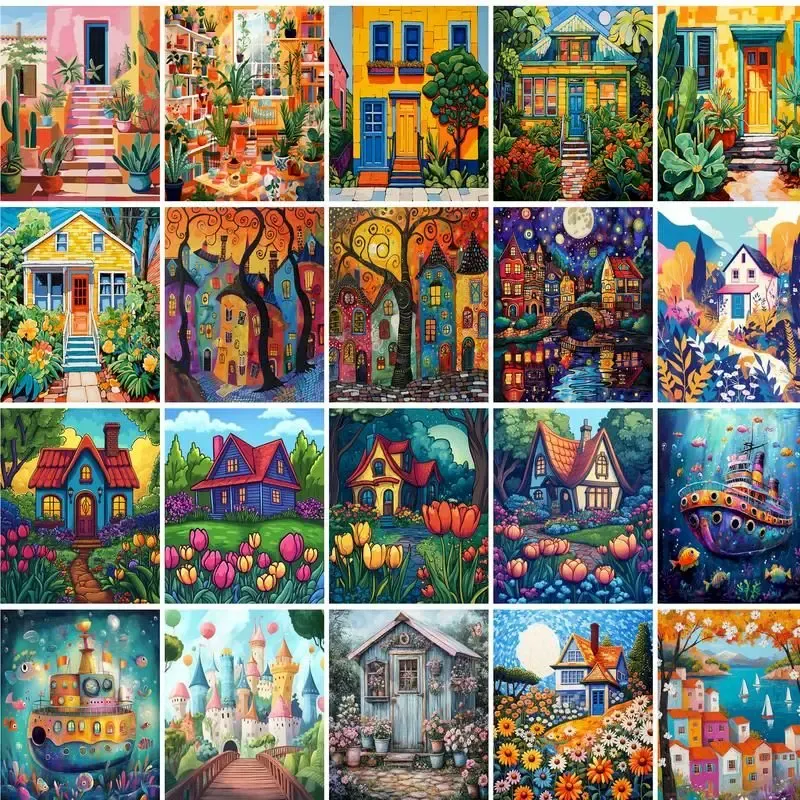 GATYZTORY Buntes Haus, Malen nach Zahlen, Landschaft auf Leinwand, handgemaltes Acrylfarben-Set für Erwachsene, Zahlengemälde, Dekoration