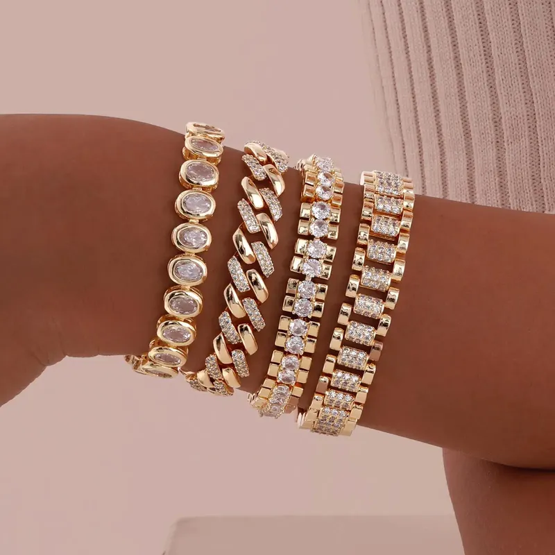 Büroklammer-Kettenarmband, 14 Karat vergoldet, Zirkonia-Uhrenarmband, klobiges Glied, verstellbar, stapelbar, Schmuck für Frauen und Mädchen, Geschenk