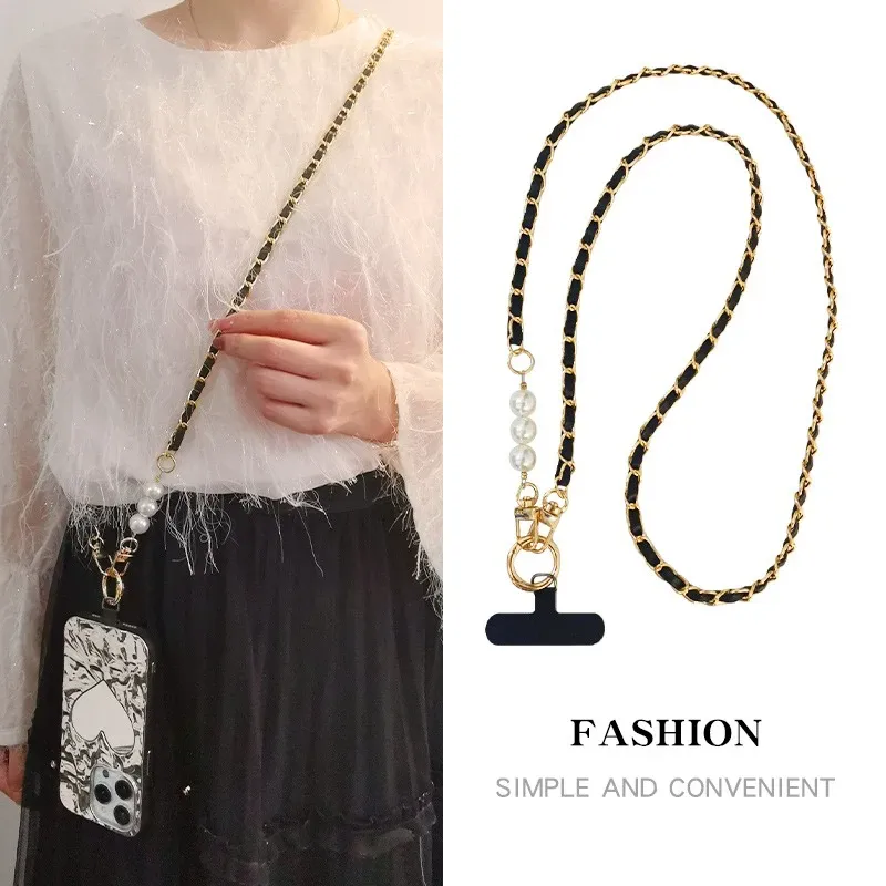 Telefon-Lanyard für Damen, langes Leder, gewebte Metallkette mit Perlen-Telefonhülle, universelles Telefon-Lanyard, diagonale Kreuztasche, Dekoration