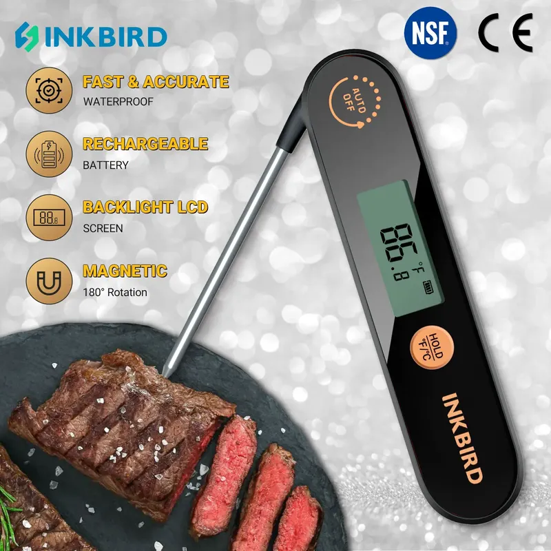 INKBIRD IHT-1X Hand-Fleischthermometer, wasserdicht, wiederaufladbar, digitales, sofort ablesbares Lebensmittelthermometer mit Sonden für Grillen, Milch