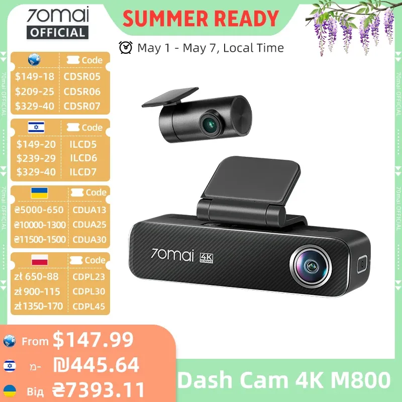 70mai Dash Cam 4K M800 2160P eMMC Integriertes 128 GB GPS ADAS unterstützt 24H Parkschutz 4G-kompatibel, verbesserte Ver. von 70mai M500