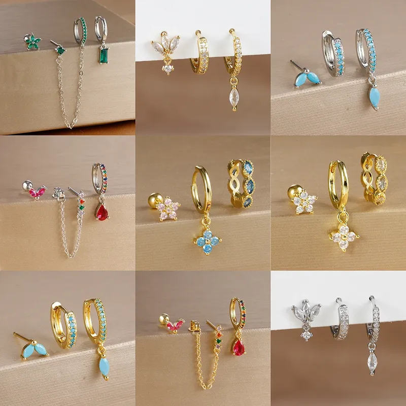 3 Stück 9 Stile vergoldete geometrische Kreis-Piercing-Ohrringe-Set für Frauen, mehrfarbige Kristall-Ohrringe, Statement-Schmuck