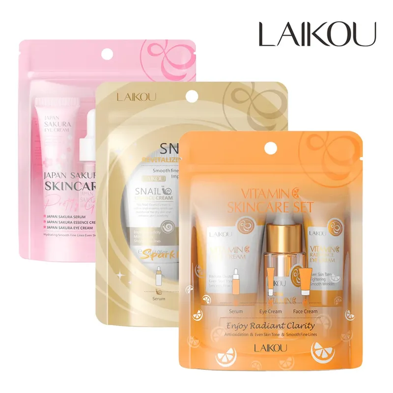3 teile/satz LAIKOU Hautpflege Set Vitamin C Sakura Schnecke Essenz Serum & Augencreme & Gesichtscreme Feuchtigkeitscreme Reisegröße Hautpflege set