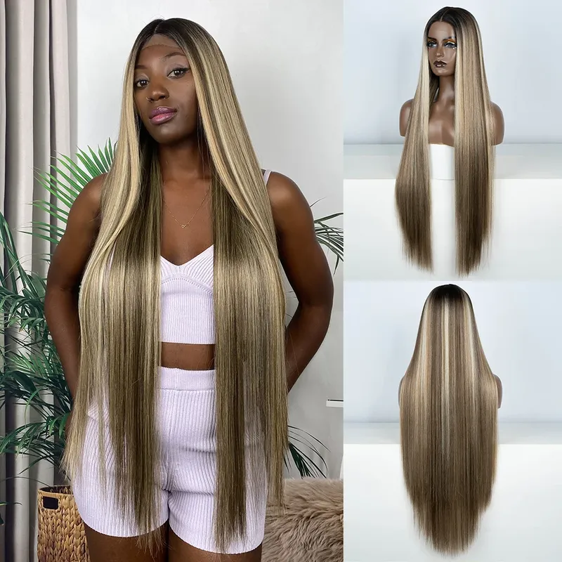 Synthetische Lace-Front-Perücken Highlight Braun Blonde Schwarze Perücke für Frauen Lange gerade Spitzenperücke 38 Zoll synthetische hitzebeständige Perücke