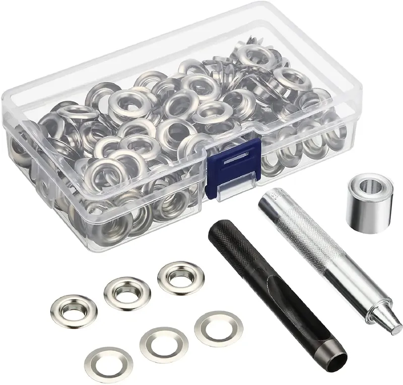 Tülle Werkzeug Kit 100 Sets Ösen Ösen 6mm 10mm 12mm 14mm Innen Durchmesser Silber für Kleidung schuhe Tasche Leder Handwerk DIY