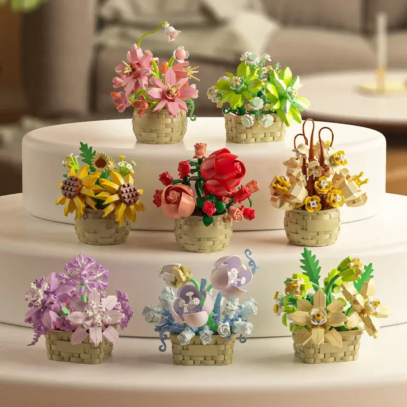 DIY MOC Flower & Tree Gardens Modellsteine – Topfrose, Sonnenblume, Sukkulenten, Bonsai-Mädchen – gezielte Bausteine-Sets für Kinder