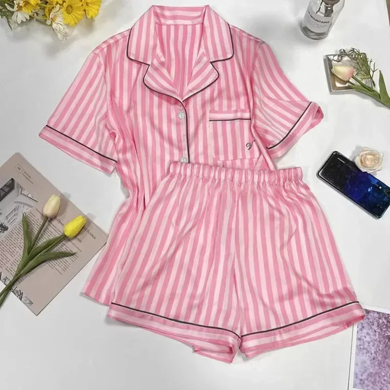 Sommer-Pyjama für Damen, kurzärmeliges Revers und hochwertige rosa gestreifte Nachtwäsche, Loungewear, zweiteiliges Set, Damen-Nachtwäsche