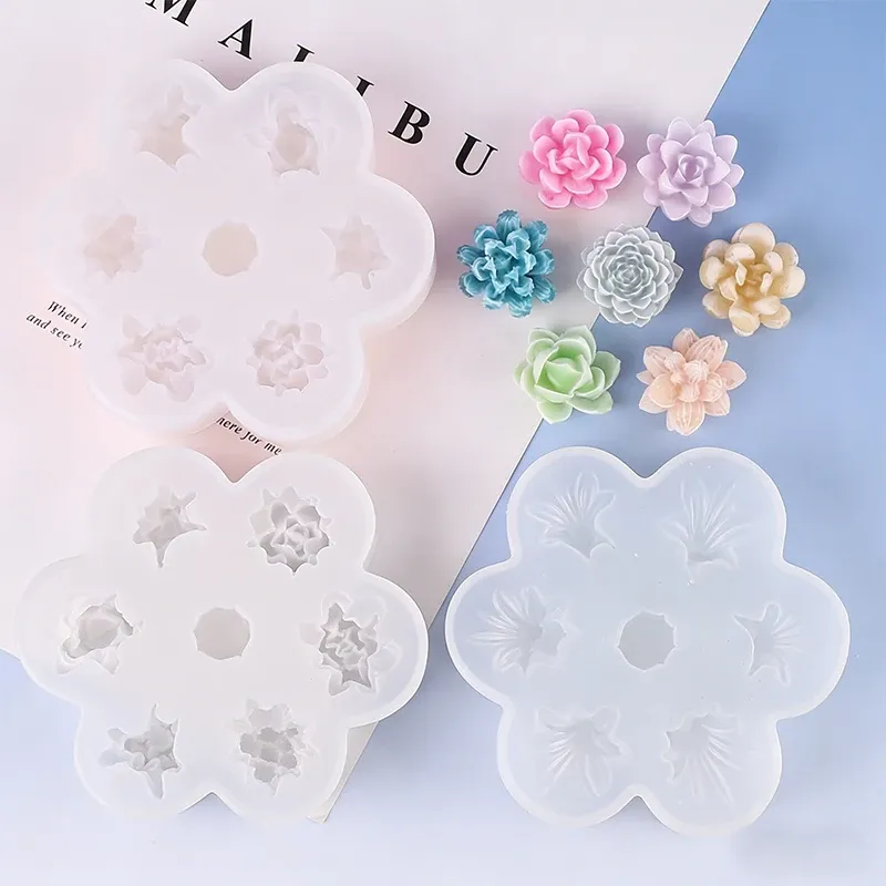 7 stücke Sukkulenten Blumen Kerze Form 3D Kaktus Lotus Rose Seife Gips Handwerk Form DIY Schokolade Fudge Gebäck Kuchen Silikon formen
