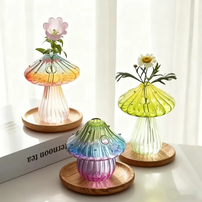 Boho-Pilzvase aus Glas – handgefertigter Hydrokultur-Zylinder-Pflanzgefäß für Wohn- und Esszimmer, batterieloses Café-Dekor
