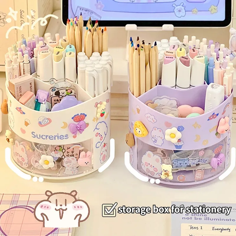 Nette Rotierenden Stift Halter Desktop Schublade Schreibwaren Box Fall Schule Büro Schreibtisch Kawaii Schreibwaren Lagerung Box Organizer Aufkleber