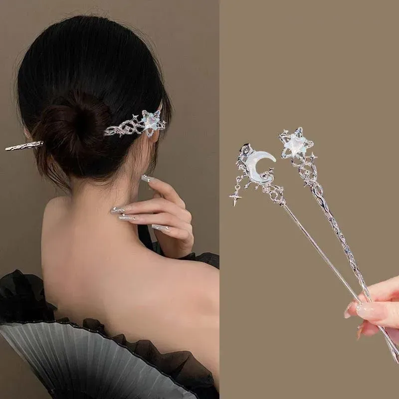 Vintage Mondstein Stern Mond Haar Sticks für Frauen Chinesischen Stil Kreuz Quaste Haarnadel Disk Haar Stäbchen Haar Zubehör