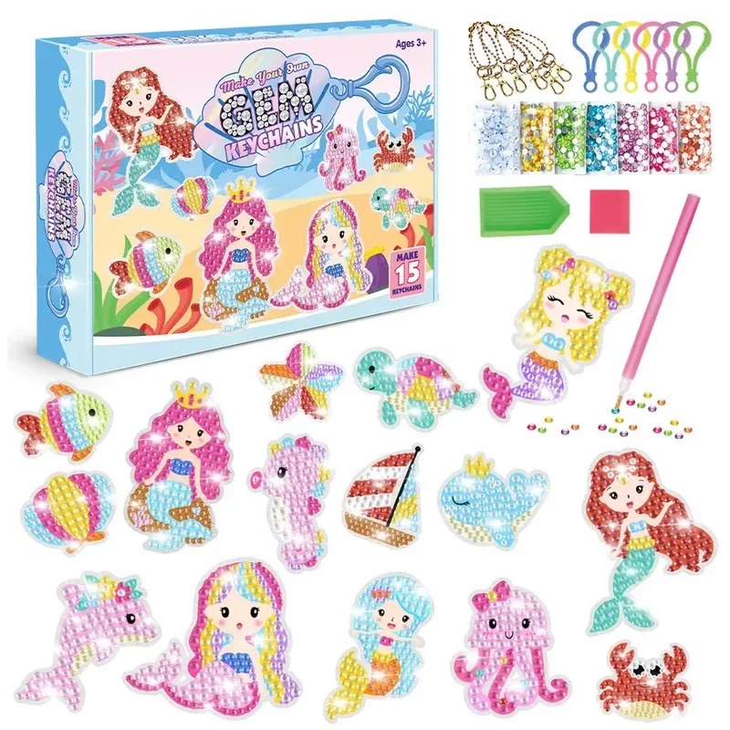 Neues 15-teiliges Handwerksset mit Diamantmalerei für Kinder, handgefertigter DIY-Meerjungfrauen-Tier-Schlüsselanhänger als Geschenk für Kinder