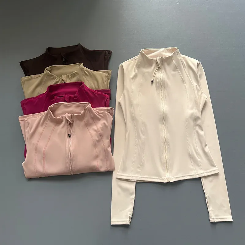 Schnell trocknende Fitnessjacke mit Stehkragen für Damen, schmal geschnittener Reißverschluss, Yoga-Kleidung, langärmelig, atmungsaktiv, für Laufsport, Radfahren