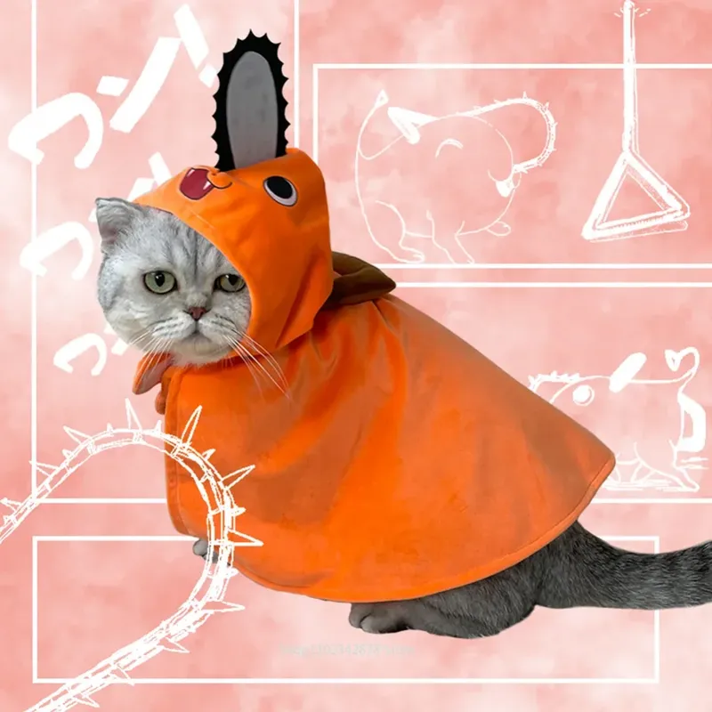Neue Anime Kettensäge Mann Pochita Haustiere Umhang Cosplay Kostüm für Katze Hund Haustier Hoodie Uniform Tiere Nette Haustiere Orange Outfits Cape