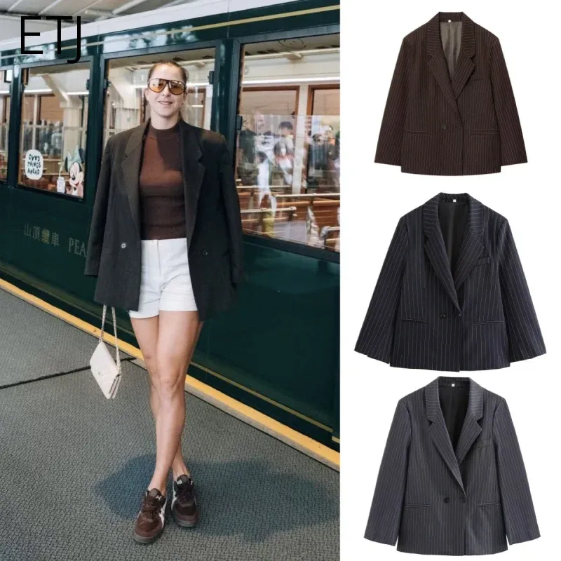 ETJ Herbst/Winter 2025, neue Damen-Street-Fashion, übergroße, schultergepolsterte, lockere Anzugjacke mit Nadelstreifen für Damen