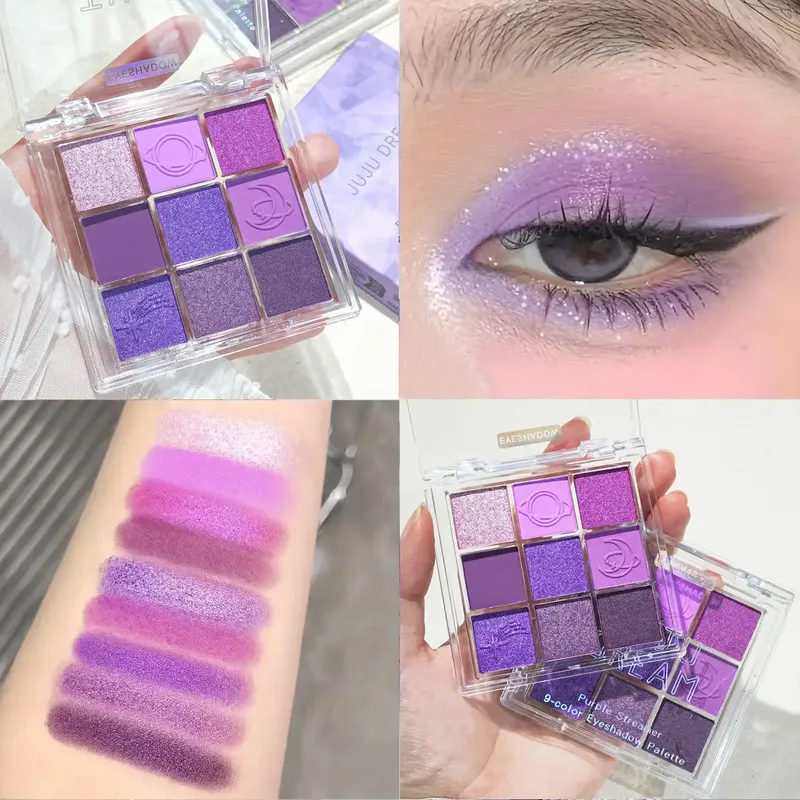 Lila neunfarbiger Lidschatten mit Quasten, geräuchertes violettes Make-up, perlmuttartige, matte, neun quadratische Lidschattenpalette in Gitterfarbe