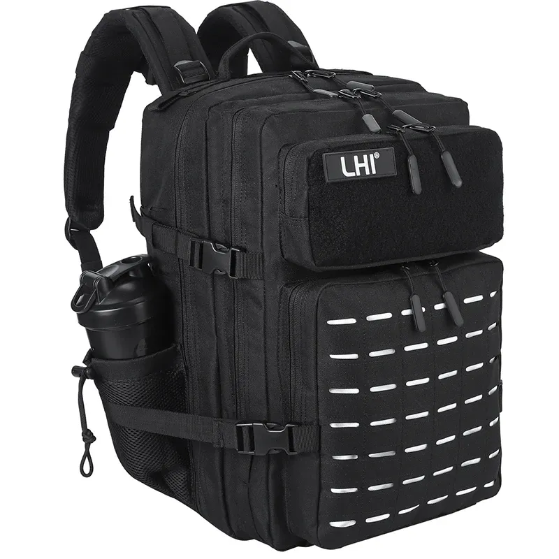 LHI 45L Taktischer Rucksack Herren Schwarz Sportler Sporttasche Outdoor Camping Wanderrucksack Army Assault Pack mit Flaschenhalter