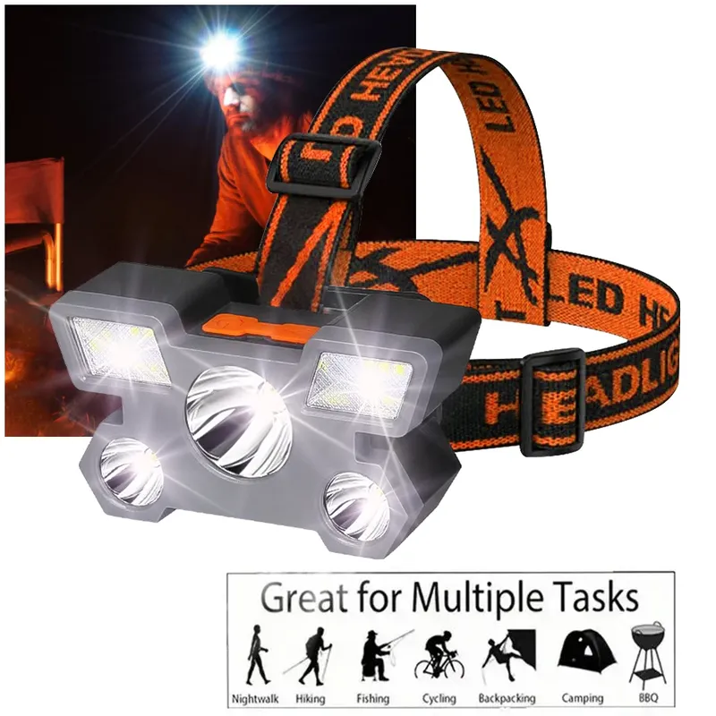 5-LED-Taschenlampe, wiederaufladbar, mit eingebauter Batterie, starkes Licht, Camping, Abenteuer, Angeln, Stirnlampe
