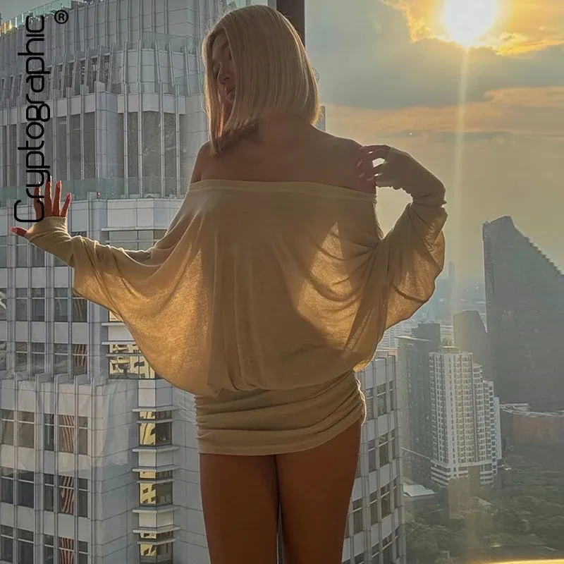 Kryptografische Mode, schulterfrei, durchsichtiges Minikleid, Outfits für Frauen, heiße sexy, langärmlige, geraffte Partykleider, figurbetont, solide