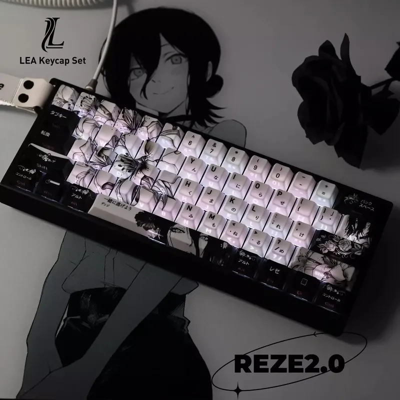REZE Anime-Thema-Tastenkappen-Set, individuell gestaltete PBT-Sublimation, Kirschprofil-Tastatur-Tastenkappen für mechanische Tastatur-Zubehör, Mädchen