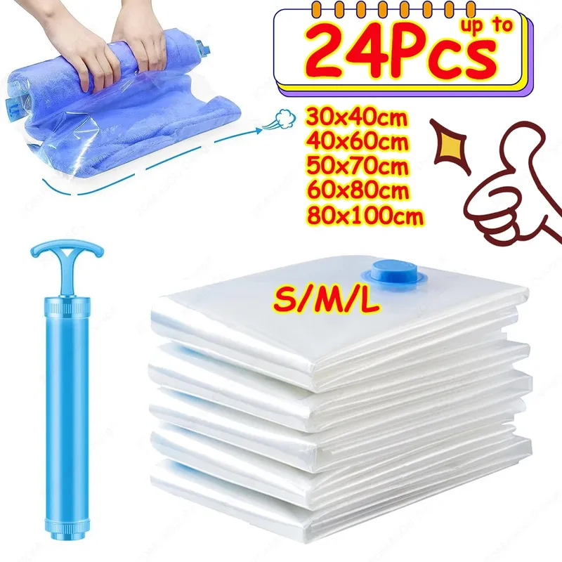 1–24 Stück wiederverwendbare Vakuum-Aufbewahrungsbeutel mit Handpumpe, transparent, faltbar, komprimiert, platzsparend, Vakuumbeutel für Kleidung, Reisebehälter