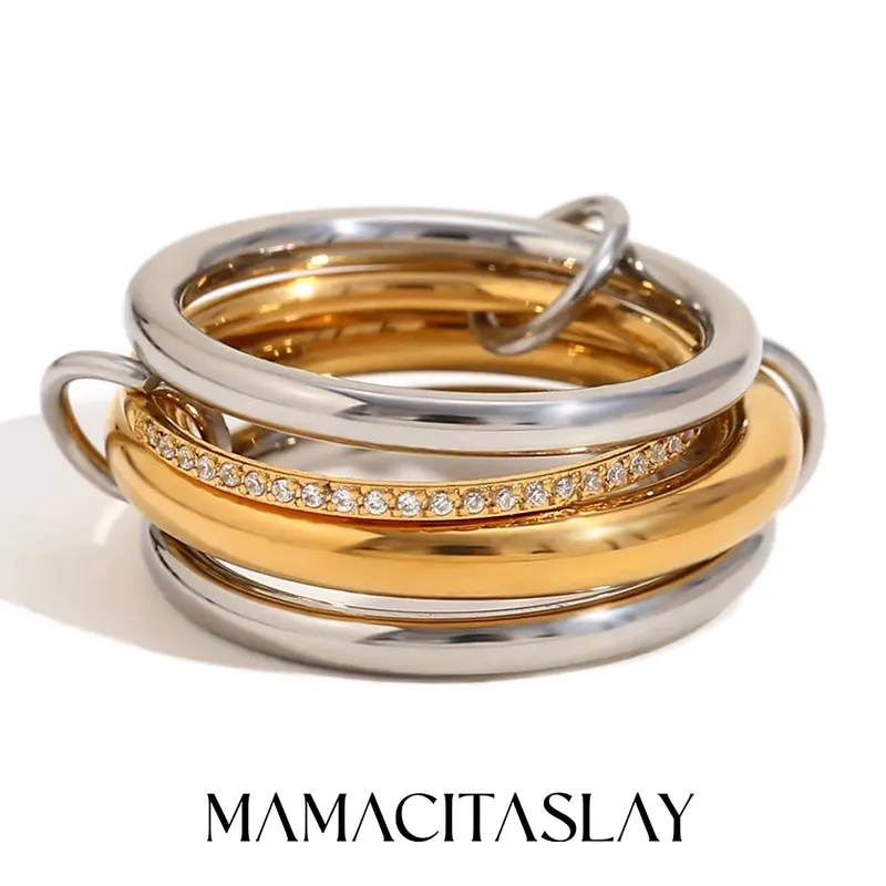 MamacitaSlay Einzigartige coole drei/vier Finger Kettenform variable Hiphop-Ringe Edelstahl trendige Accessoires Damen Herren Geschenke