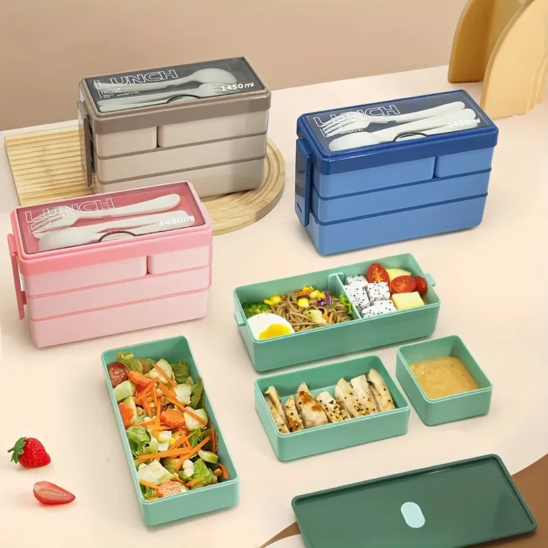 1450 ml Bento-Lunchbox, große Kapazität, mehrschichtige Lebensmittelaufbewahrung mit Besteck, stapelbarer, auslaufsicherer Lunchbehälter, Küchenbedarf