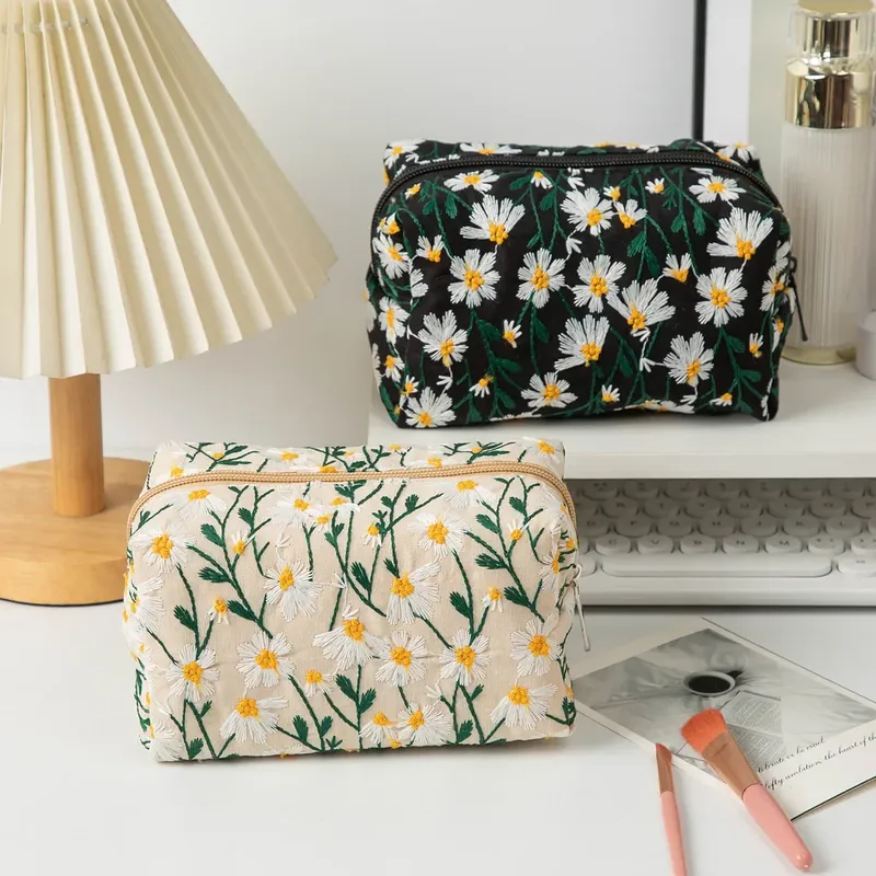Floral Stickerei Frauen Kosmetik Tasche Leinwand Zipper Make-Up Tasche Reise Waschen Make-Up Organizer Beauty Case Lagerung Beutel