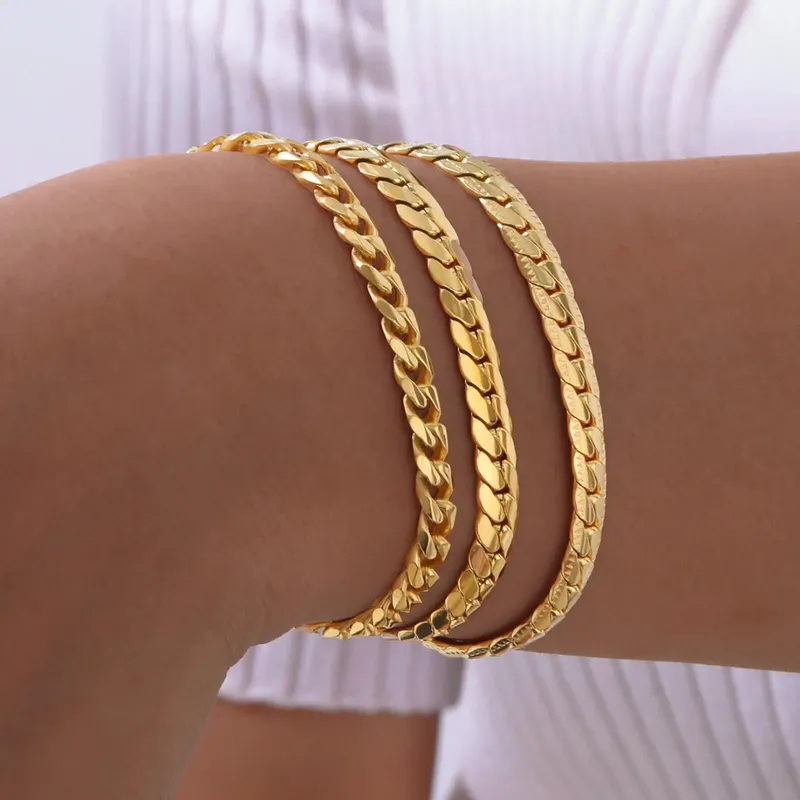 Vnox 6 mm flache kubanische Kettenarmbänder für Damen und Mädchen, Macrame-Kantenarmband, vergoldeter Edelstahl mit K18-Stempel