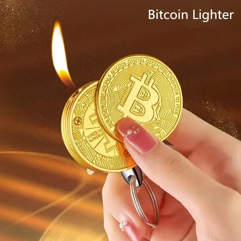 Kreativer Spaß Bitcoin Butan Gas Feuerzeug Lager Gedenkmünze Virtuelle Münze Anhänger Mini Tragbare Feuerzeuge Rauchen Männer Geschenk