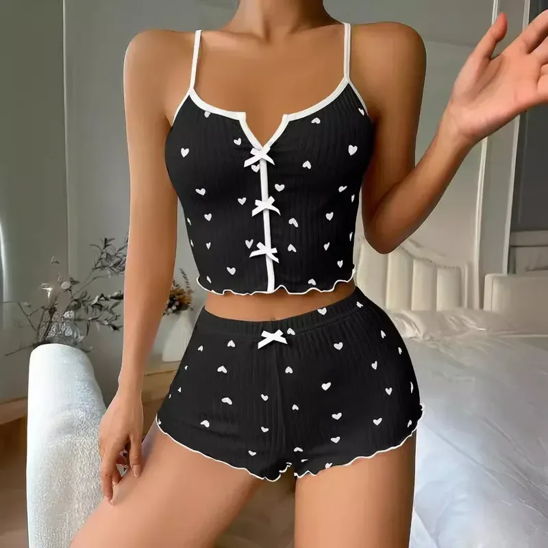 Sexy Nachtwäsche Frauen Pyjamas Set Herz Druck Seide Fleck V-ausschnitt Ärmellose Casual Cami Top und Shorts Sets Hause Anzug Loungewear