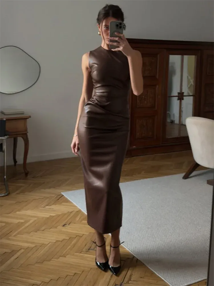 Tossy PU Sexy Mode Maxi Kleid Für Frauen Hohe Taille Ärmellose Dünne Patchwork Solide Dünne Streetwear Weibliche Bodycon Kleid Neue