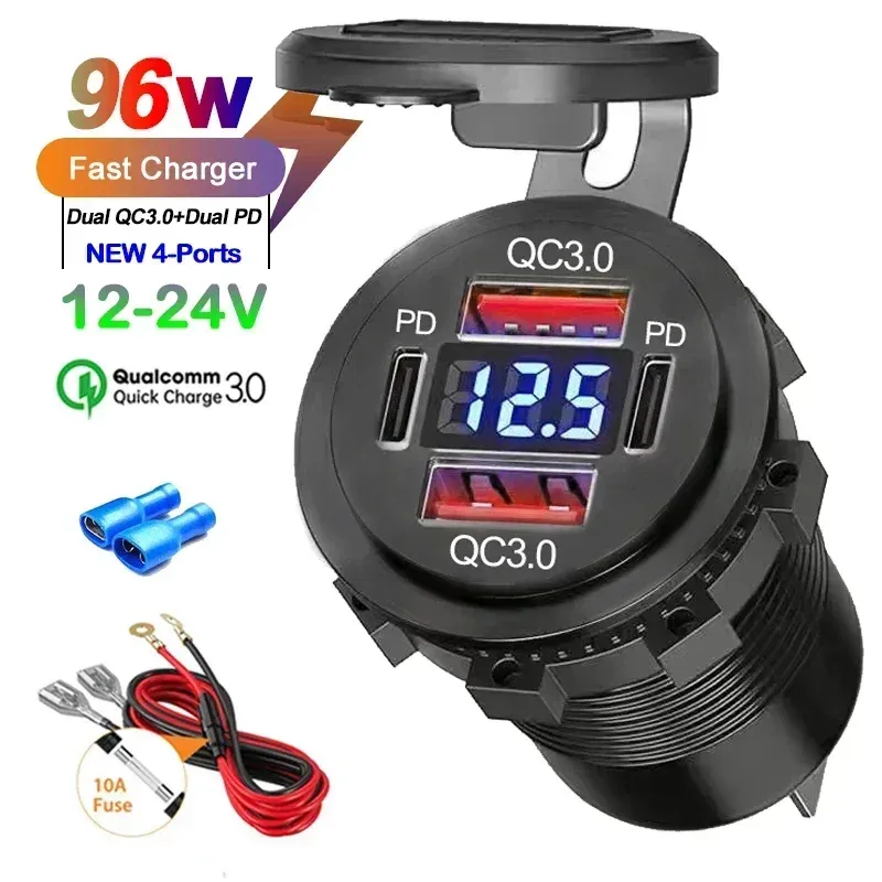96W Dual PD QC3.0 USB Auto Motorrad Ladegerät mit Voltmeter Buchse Steckdose Adapter Wasserdicht für 12V/24V Auto Boot Lkw Moto