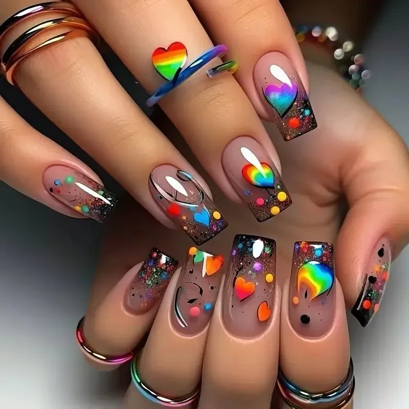 24 Stück/Set mittellange quadratische künstliche Nägel für Frauen und Mädchen, süße Herzblumen, Feder-Schmetterlings-Design, zum Aufdrücken falscher Nagelkunst-Tipps
