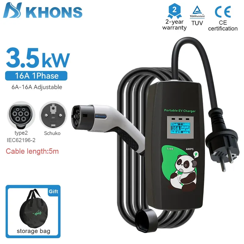 Khons 3,5 kW Typ2 Elektrofahrzeug-Ladegerät Schuko-Stecker 16 A EV tragbares Ladegerät EVSE Wallbox 5 m TPU-Kabel für Elektrofahrzeuge