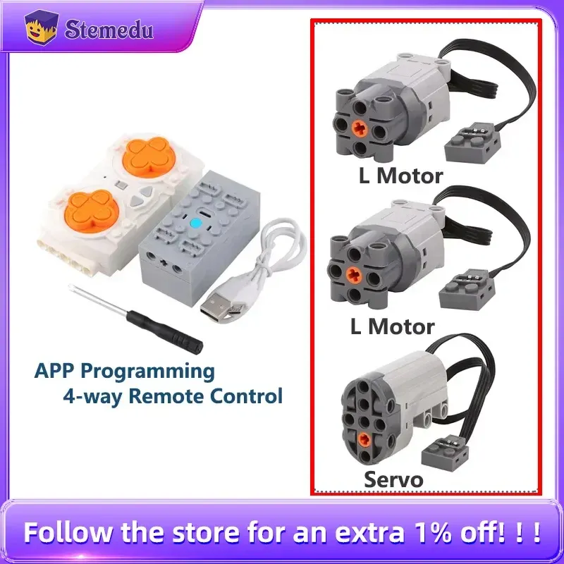L/Servomotor + 4-Wege-Geschwindigkeitsregelung Fernbedienung mit Batteriegehäuse Set Power Group Set MOC Bausteine DIY Teile PF Ziegel